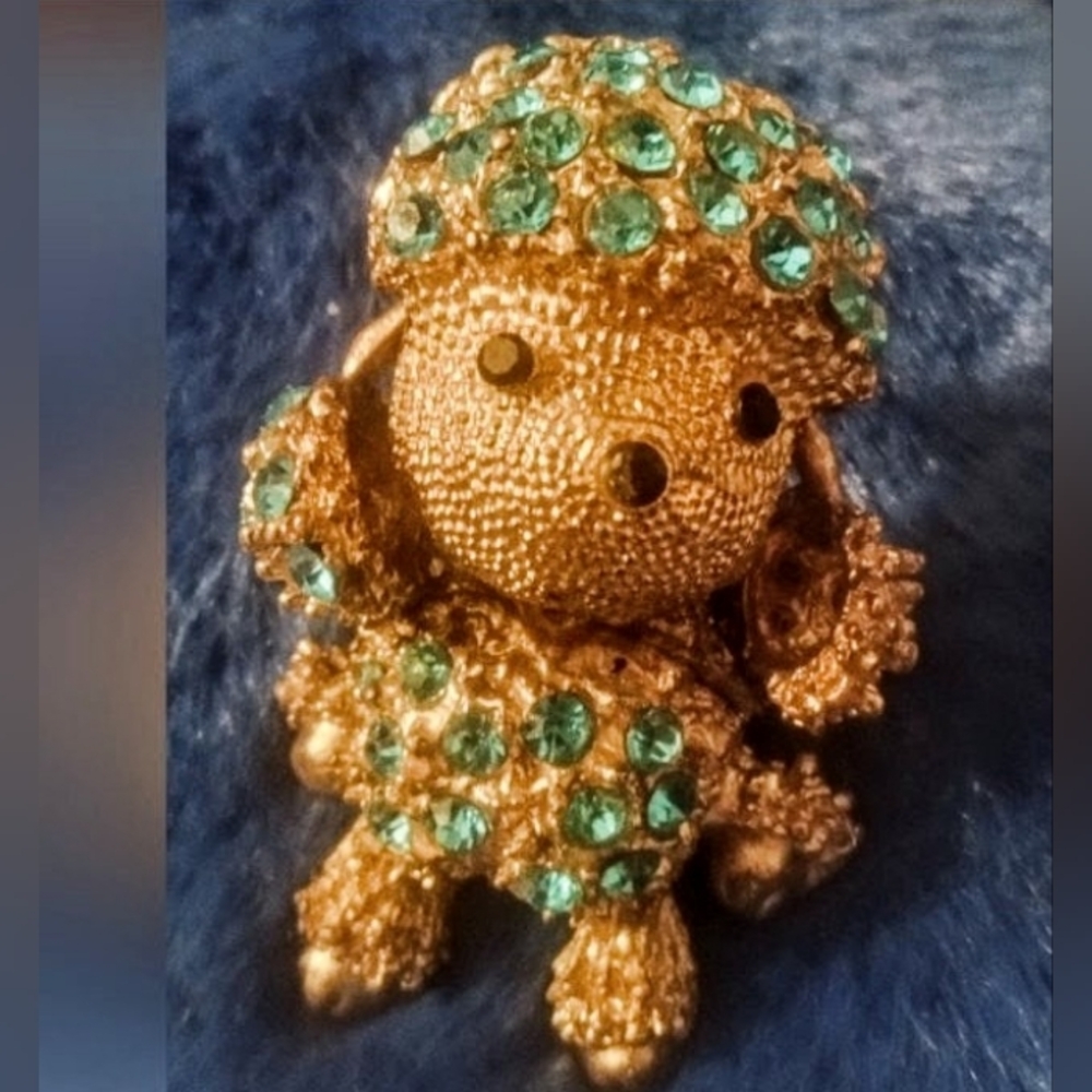 Adorable Betsy Johnson Large Poodle Charm Gold Toned w/Blue Rhinestones 1.75"